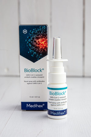 Tallinn, Harjumaa, Estonia- 03MAY2021: New innovative nasal spray against COVID-19 called BioBlock...