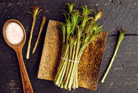 Above view of green willowherb or known as fireweed Chamaenerion angustifolium young fresh shroots...