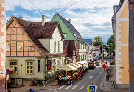 PÃ¤rnu, PÃ¤rnumaa, Estonia-13JUL2022. Shopping and restaurant street Kuninga in old town of PÃ¤rnu, Parnu County also called Pernau.のeditorial素材