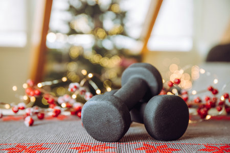 Healthy lifestyle during Christmas feasting period concept. Black dumbbells with Christmas ornaments blurred Christmas tree with Christmas lights on background, copy space.の写真素材