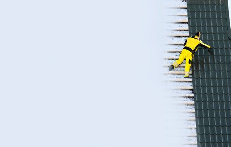 Digital business card template for roofer, roofing or construction company. Roofer working on rooftop with lot of copy space , your text here.の写真素材