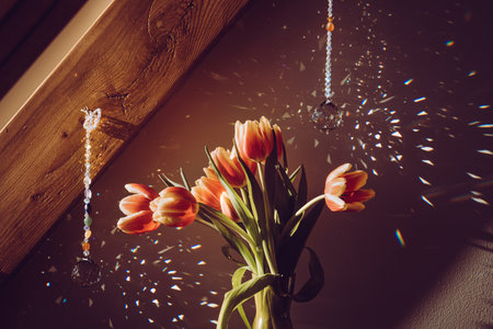 Crystal ball shape rainbow makers suncatchers hanging in home living room on sunny spring day. Good Feng Shui, Sha Chi reflection, energy flow concept. Casting rainbows.の写真素材