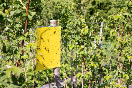 Yellow sticky flying insect glue trap board hanging on raspberry plant field in spring outdoors. Agriculture pest control concept.の写真素材