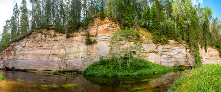Panoramic view of Suur Taevaskoja sand cliff in Estonia forest outdoors in summer. Popular beautiful scenic view.の写真素材
