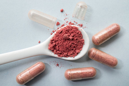 Cranberry or Vaccinium subg. Oxycoccus powder supplement capsules on spoon, studio shot indoors, blue background. Cranberry vitamin concept.の写真素材