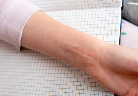 Young child having unexpected hives attack, also known as urticaria, is a kind of skin rash with red...