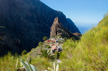 Small Masca village in Masca valley, situated in Teno in Tenerife. Village between rocks cliffs on Tenerife island in Spain.の写真素材