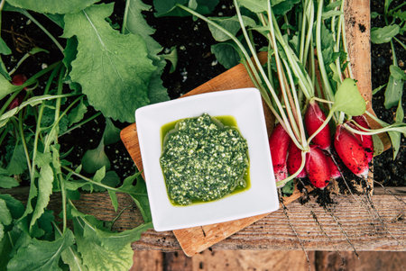 Homemade radish leaf pesto in white bowl. Bunch of picked radish, Raphanus sativus in home garden. Rustic aesthetic style photo. Above view.の写真素材