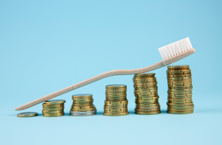 Concept of dental costs increasing. Stacks of coins lined up in ascending order with a beige...