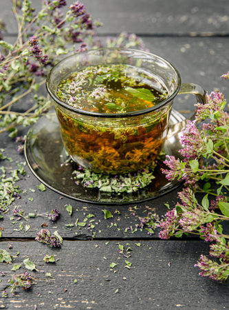 Homemade Oregano, Origanum vulgare herbal tea in a tea cup. Steaming hot drink with dry and fresh Oregano flower blossoms around, black color wood board minimal background.の写真素材