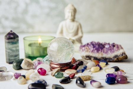 Various semi precious stones scattered, gemstone crystal sphere or crystal ball and white sitting Buddha. Spiritual background concept.の写真素材