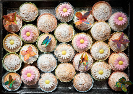 fresh tasty muffins with decorationの写真素材