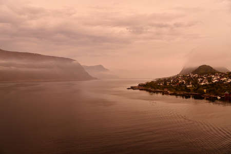 travelling norwegian fjord nature by cruise shipの写真素材