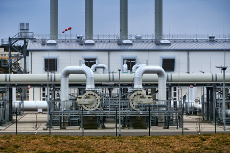 Lubmin, Mecklenburg-West Pomerania / Germany - April-3-2022: Gas pipes, connections, equipment and pressure reducers at the site of Gazprom's Nord Stream 2 Pipeline Landing in Germany. (Western Europe)のeditorial素材