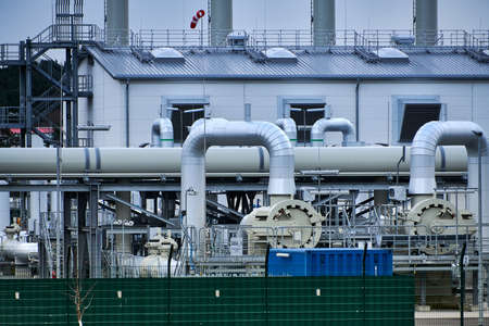 Lubmin, Mecklenburg-West Pomerania / Germany - April-3-2022: Gas pipes, connections, equipment and...