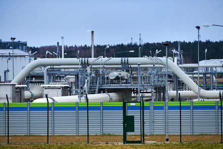Lubmin, Mecklenburg-West Pomerania / Germany - April-3-2022: Gas pipes, connections, equipment and pressure reducers at the site of Gazprom's Nord Stream 2 Pipeline Landing in Germany. (Western Europe)のeditorial素材