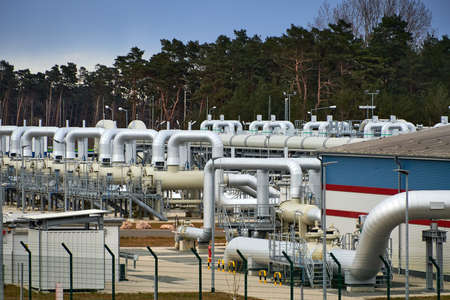 Lubmin, Mecklenburg-West Pomerania / Germany - April-3-2022: Gas pipes, connections, equipment and...