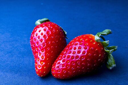 Two ripe strawberries in close-up against gray background.の写真素材