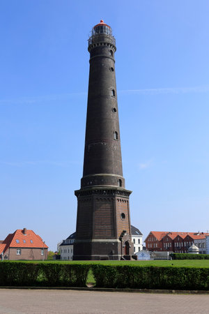 Lighthouse on the island of Borkum against a blue skyのeditorial素材