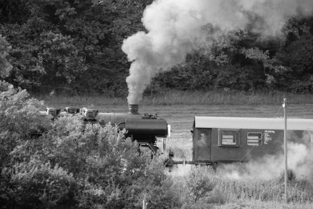Top of a steam locomotive with smoke coming outの写真素材