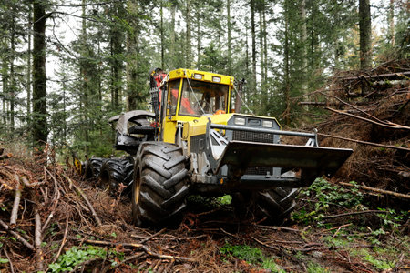 Machine for processing wood is in the forestの写真素材