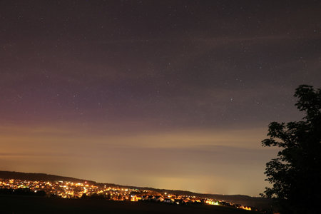 View over of the night sky with slight northern lightの写真素材
