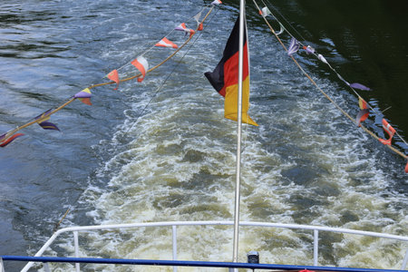 View over the stern of a ship onto the Saarの写真素材