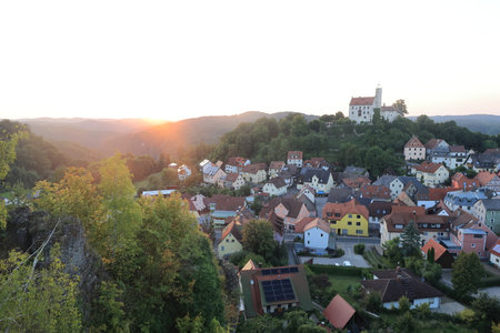 Evening mood over the city of GÃ¶Ãweinstein in Franconian Switzerlandの写真素材