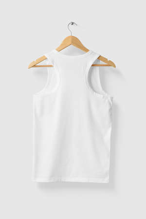 Blank White Tank Top Shirt Mock-up on wooden hanger, rear side view. High resolution.
