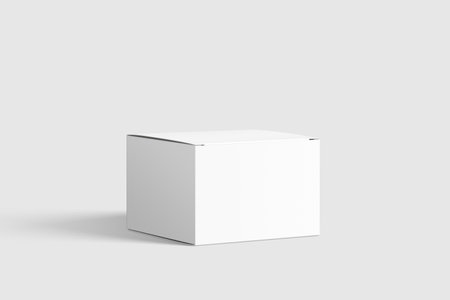 Photorealistic Flat Square Cardboard Package Box Mockup on light gray background. Mockup template ready for your design.の写真素材