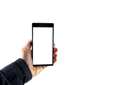 Hand holding smartphone mobile device with blank screenの写真素材
