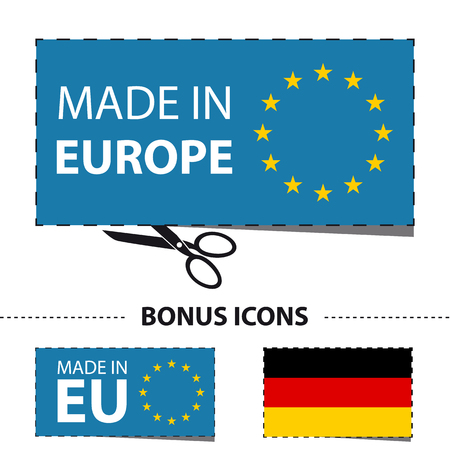 Made In Europe - Vector Sticker Icon With Scissor And Cut Line - Isolated On White Backgroundのイラスト素材
