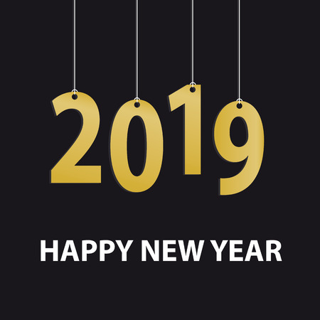 Hanging Happy New Year 2019 Background - Golden Vector Illustration - Isolated On Black Backgroundのイラスト素材