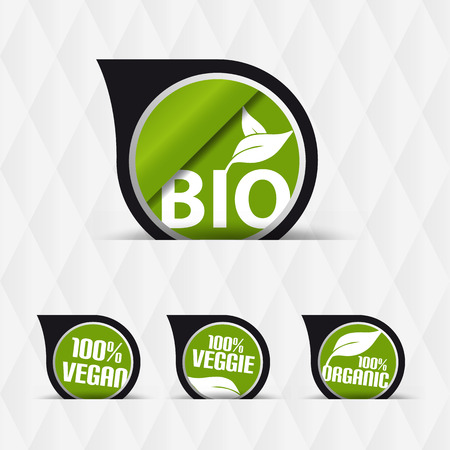 Bio, Vegan, Veggie, Natural Speech Bubbles With Leaf - Vector Illustration - Isolated On Diamond Shaped Backgroundのイラスト素材