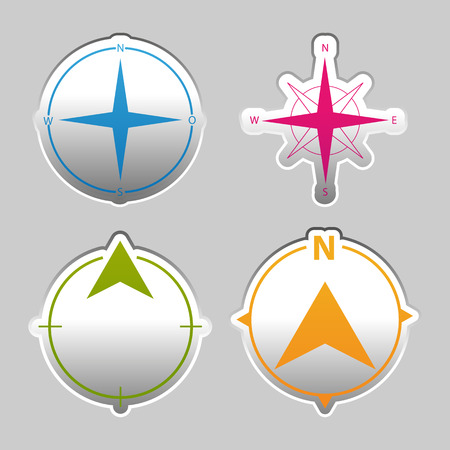 North Direction Compass - Silver Metallic Sticker Set - Colorful Vector Illustration - Isolated On Gray Backgroundのイラスト素材