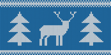 Knitted Pattern - Retro Christmas Jumper Design With Reindeer And Tree - Blue And White Vector Illustrationのイラスト素材