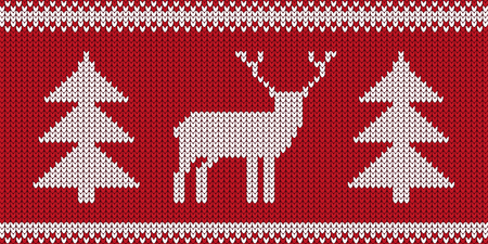 Knitted Pattern - Retro Christmas Jumper Design With Reindeer And Tree - Red And White Vector Illustrationのイラスト素材