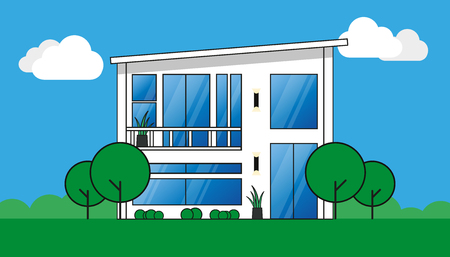 Modern White Property Design - Vector Illustration With Trees, Plants, Sky And Cloudsのイラスト素材