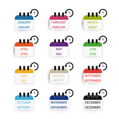 Calendar Flat Icon Set  January To December - English And German Words - Colorful Vector Illustration - Isolated On White Backgroundのイラスト素材