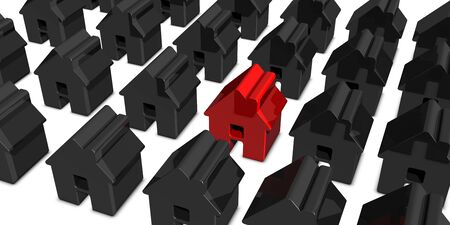 Red House Among Black Houses - 3D Rendering Hunting And Searching Concept - Isolated On White Backgroundの写真素材