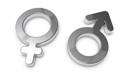 Male And Female Sex Symbols - Silver Metallic 3D Illustrations - Isolated On White Backgroundの写真素材