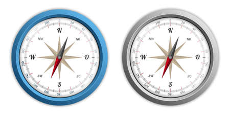 Realistic Compasses - Blue And Silver Metallic Vector Illustrations - Isolated On White Backgroundのイラスト素材