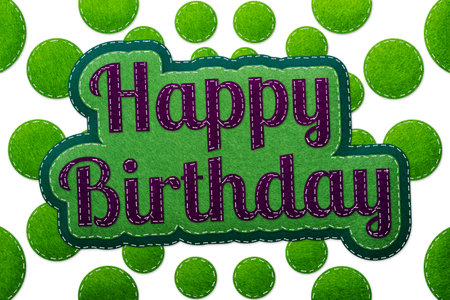 Stitched Happy Birthday Concept - Realistic Green And Purple Felt 3D Illustration - Isolated On White Backgroundの写真素材