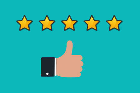 Thumbs Up Concept With Hand And Rating Stars - Vector Illustration Isolated On Monochrome Background