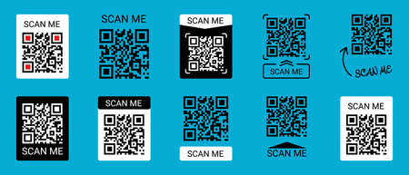 Mobile Smartphone QR Code Application Button With Scan Me Sign - Vector Illustrations Icon Set Isolated On Blue Backgroundのイラスト素材