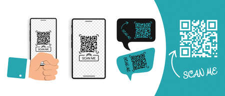 Mobile QR Code Scan Me Concept Symbols - Different Vector Illustrations Isolated On White Backgroundのイラスト素材
