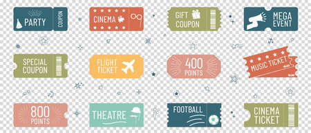 Cinema, Movie, Concert, Theatre, Flight, Football, Ticket Icon Set - Different Vector Illustrations Isolated On Transparent Background