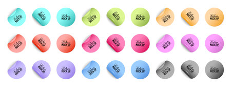 Colorful Round Paper Adhesive Stickers Mock Up With Curved Corner And Shadow - Vector Illustrations Isolated On White Backgroundのイラスト素材