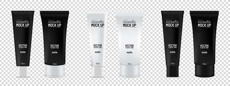 Cosmetic Cream Plastic Tubes - Black And White Realistic Vector Mockup Illustrations Isolated On Transparent Backgroundのイラスト素材