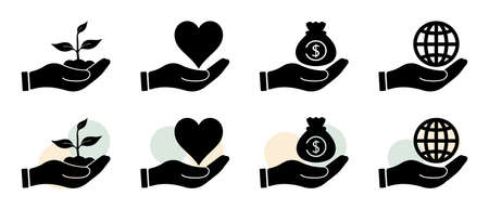 Open Hand Icon Set With Plant, Heart, Money Bag And Business Earth Symbol - Different Vector Illustrations Isolated On White Backgroundのイラスト素材